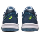 Rear view of a pair of mens ASICS Gel Dedicate 7 tennis shoes in blue with white soles and neon green logo, featuring GEL-DEDICATE 7 text on the heels, designed for stability, shown against a white background.