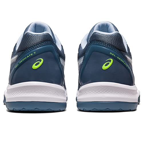 Rear view of a pair of mens ASICS Gel Dedicate 7 tennis shoes in blue with white soles and neon green logo, featuring GEL-DEDICATE 7 text on the heels, designed for stability, shown against a white background.