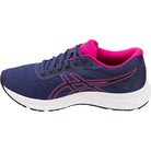 The ASICS Gel-Excite 6 - Womens running shoe comes in navy blue with black laces, pink logo and accents, a white sole, and a bright pink lining, all featuring GEL technology for comfort and style.
