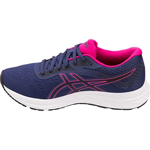 The ASICS Gel-Excite 6 - Womens running shoe comes in navy blue with black laces, pink logo and accents, a white sole, and a bright pink lining, all featuring GEL technology for comfort and style.