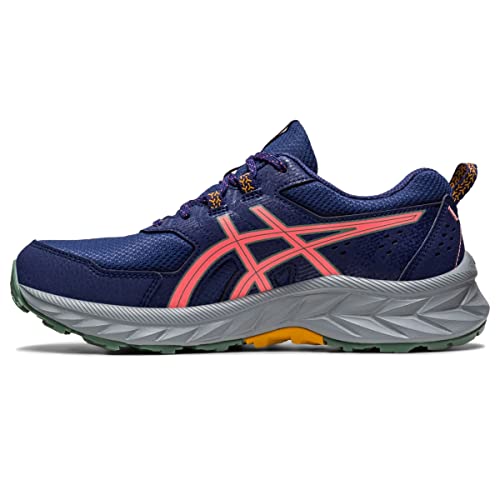 The ASICS Gel Venture 9 - Womens is a blue trail running shoe with a thick gray sole, coral pink accents, light green tread, mesh upper, bold ASICS logo, and purple laces.