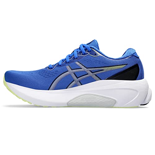 The ASICS Gel-Kayano 30 - Mens is a blue running shoe with white and black accents, a thick white sole, lace-up design, and silver ASICS logo—ideal for distance training and enhanced comfort.