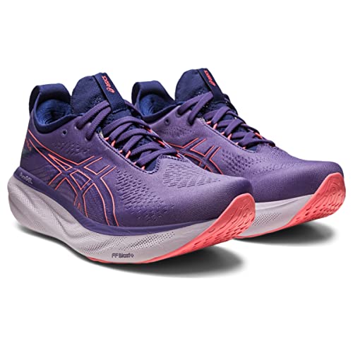The ASICS Gel Nimbus 25 - Womens features a purple design with pink accents and white soles, ASICS logos on the sides, and lace-up fronts—ideal for runners seeking lightweight cushioning.