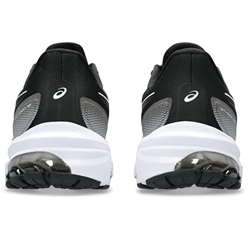 A pair of black and gray ASICS GT-1000 12 - Mens running shoes viewed from the back, with white soles and the ASICS logo on each heel—designed for optimal support for overpronators.