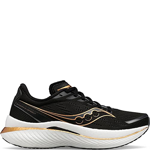 The Saucony Endorphin Speed 3 Running Shoe - Womens features a black mesh upper with gold and white accents, lace-up closure, and a thick white sole with gold stripe—ideal for daily training.