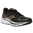 The Saucony Omni 20 Running Shoe for men features a black upper, white sole, orange and silver accents, PWRRUN cushioning, and a wavy side logo, shown angled on a plain white background.
