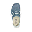 Top view of a Hey Dude Wendy Youth - Girls casual blue slip-on with white laces and beige insole featuring the brand logo—lightweight, comfortable everyday shoes for girls.