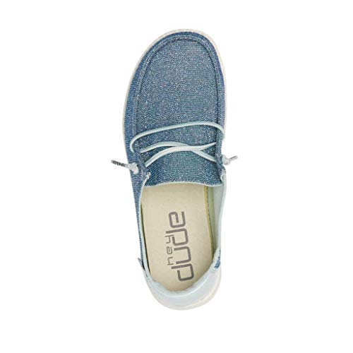Top view of a Hey Dude Wendy Youth - Girls casual blue slip-on with white laces and beige insole featuring the brand logo—lightweight, comfortable everyday shoes for girls.