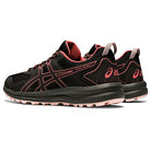 A pair of ASICS Trail Scout - Womens trail running shoes in black with pink accents, featuring a rugged sole for trails and breathable mesh material.