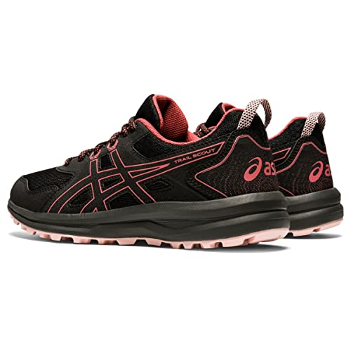 A pair of ASICS Trail Scout - Womens trail running shoes in black with pink accents, featuring a rugged sole for trails and breathable mesh material.