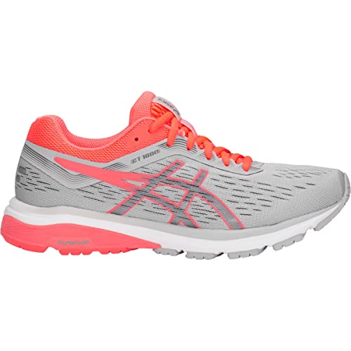 The ASICS GT-1000 7 - Womens running shoe comes in gray with bright pink accents on the laces, sole, and logo. It features a white midsole and a breathable mesh upper designed for road stability.