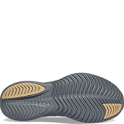 The Saucony Kinvara 14 Running Shoe - Womens has a grey outsole with wavy treads and tan rubber at the heel and toe for traction, paired with responsive PWRRUN foam cushioning.