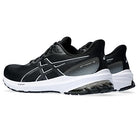 The ASICS GT-1000 12 - Mens is a black and white running shoe with gray accents and the ASICS logo, offering ideal support for overpronators.