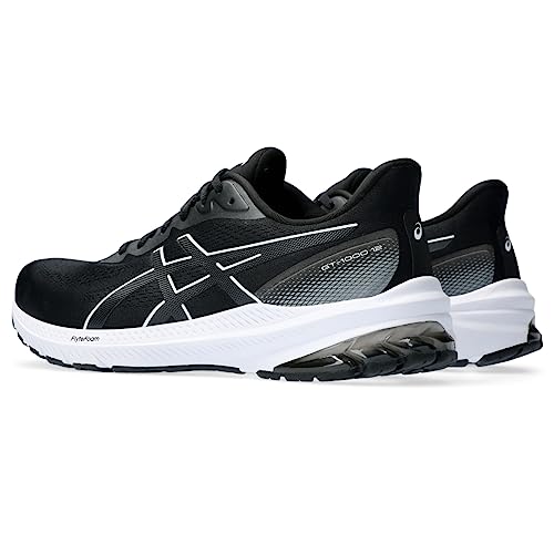 The ASICS GT-1000 12 - Mens is a black and white running shoe with gray accents and the ASICS logo, offering ideal support for overpronators.
