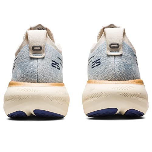Rear view of ASICS Gel Nimbus 25 - Womens running shoes in light blue and white, with beige soles, navy 25 heel details, dark blue outsole accents, and lightweight cushioning for comfort.