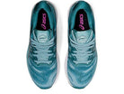 Top view of ASICS Gel Nimbus 23 - Womens teal running shoes with white soles, light blue laces, and black insoles featuring the pink ASICS logo for comfort and shock absorption on every run.