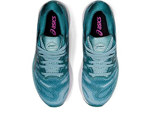 Top view of ASICS Gel Nimbus 23 - Womens teal running shoes with white soles, light blue laces, and black insoles featuring the pink ASICS logo for comfort and shock absorption on every run.
