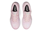 Top view of a pair of light pink ASICS Cumulus 23 - Womens running shoes with white soles and laces, featuring lightweight cushioning and the ASICS logo on the black insoles.