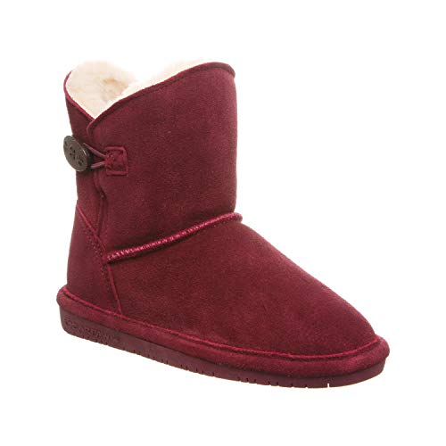 The BEARPAW Rosie Youth Boots in maroon suede feature a button detail, sheepskin footbed, white fleece lining, and durable rubber sole—shown as a single boot on a white background.