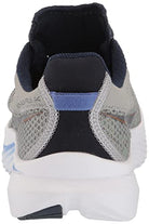 Rear view of a gray and black Saucony Kinvara 14 Running Shoe for women, featuring light blue accents, mesh fabric, a white PWRRUN foam sole, dark textured inner lining, and visible heel stitching.