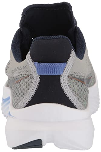 Rear view of a gray and black Saucony Kinvara 14 Running Shoe for women, featuring light blue accents, mesh fabric, a white PWRRUN foam sole, dark textured inner lining, and visible heel stitching.