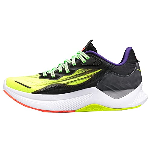 The Saucony Endorphin Shift 2 Running Shoe - Womens features a yellow and black gradient upper, green and white laces, purple lining, white sole, red and neon green accents, plus SPEEDROLL Technology for smooth transitions.