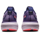 Rear view of the ASICS Gel Nimbus 25 - Womens shoes in purple, showing white midsoles, pink outsoles, pull tabs, and pink 25 on the heels. These running shoes provide lightweight cushioning for comfort and performance.