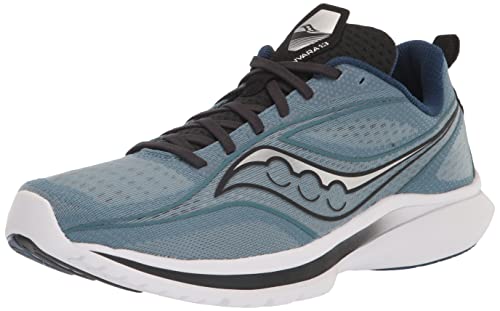The Saucony Kinvara 13 Running Shoe for men in blue features black laces, white and black detailing, and a white sole, shown from a three-quarter angle.