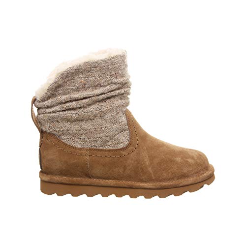 The BEARPAW Virginia Boots for women feature a tan suede exterior, textured wool knit shaft, light brown rubber sole, and a soft white fleece lining for enhanced comfort.