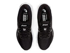 Top view of a pair of black ASICS GEL-PULSE 12 - Womens running shoes featuring an engineered mesh upper, white soles, and EVERYDAY COMFORT text visible on the insoles.