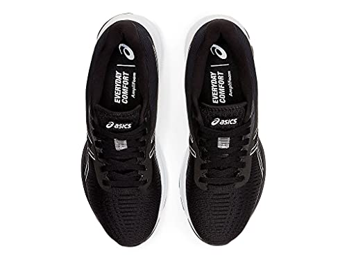 Top view of a pair of black ASICS GEL-PULSE 12 - Womens running shoes featuring an engineered mesh upper, white soles, and EVERYDAY COMFORT text visible on the insoles.