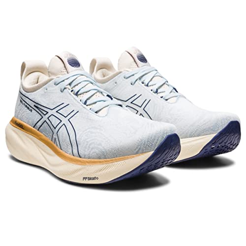 A pair of ASICS Gel Nimbus 25 - Womens shoes in light blue with dark blue accents, white laces, and beige soles. These running shoes feature a cushioned, textured sole for support and display the ASICS logo.