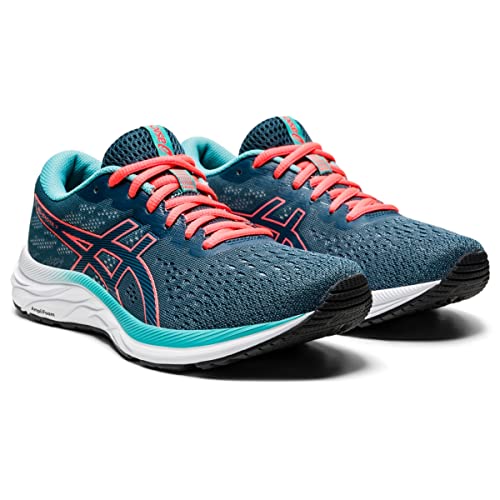 A pair of ASICS GEL-EXCITE 7 Womens Shoes in blue with teal and pink accents, pink laces, a white sole, and black tread. This lightweight running shoe features a cushioned midsole and the iconic ASICS logo on the side.