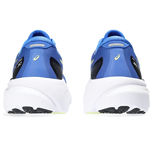 Rear view of ASICS Gel-Kayano 30 - Mens blue stability running shoes with thick white soles and black accents, shown side by side on a white background—perfect for distance training.