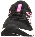 Front view of the ASICS GEL-Contend 7 - Womens running shoes in black with pink and white accents, featuring a cushioned white sole, mesh upper, and a tongue with a pink branded strip.
