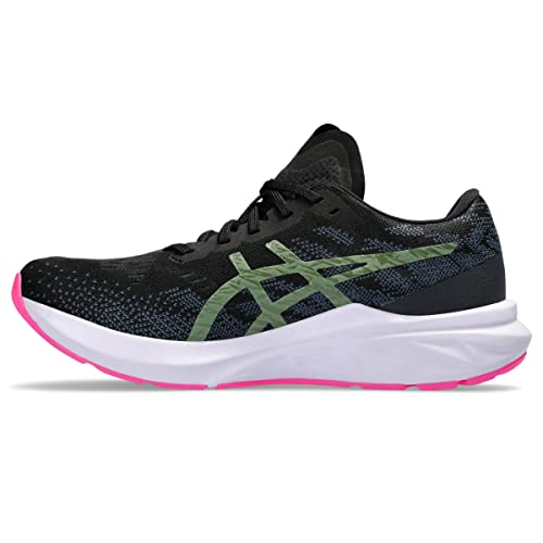 The ASICS Dynablast 3 - Womens running shoe features a black upper, green logo, white midsole, and bright pink outsole with FLYTEFOAM BLAST cushioning, shown from the side on a white background.