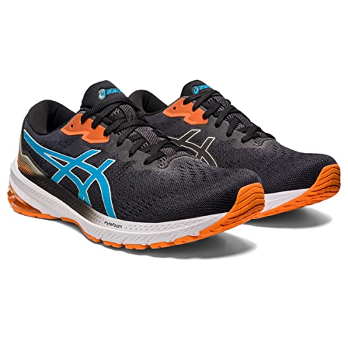 A pair of mens ASICS GT-1000 11 running shoes in black with blue and white logo details, FLYTEFOAM cushioning, white midsoles, and bright orange outsoles and accents shown side by side on a white background.
