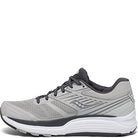 The Saucony Echelon 8 Running Shoe for women features a sleek gray design with black laces, a dark inner lining, PWRRUN-cushioned white and black sole, subtle striped accents, and the Saucony logo on the side.