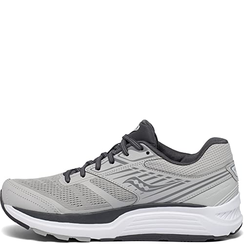 The Saucony Echelon 8 Running Shoe for women features a sleek gray design with black laces, a dark inner lining, PWRRUN-cushioned white and black sole, subtle striped accents, and the Saucony logo on the side.