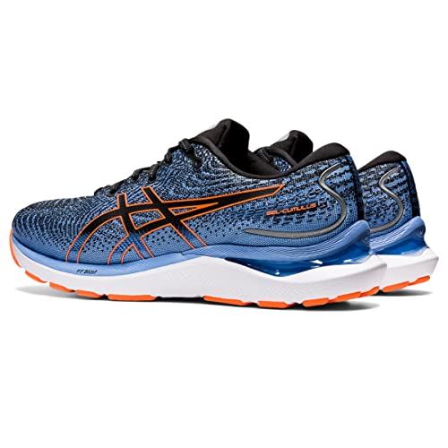 The ASICS Gel Cumulus 24 - Mens running shoes come in blue with black and orange accents, FF BLAST cushioning, a white sole, and the ASICS logo on the side—perfect as an everyday trainer.