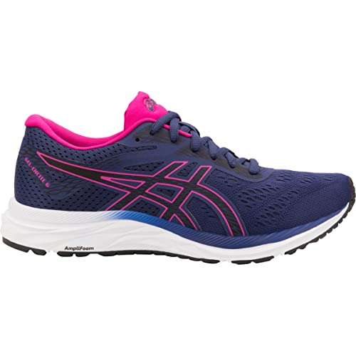 The ASICS Gel-Excite 6 Womens running shoe features a navy mesh upper with pink accents, white sole, GEL technology for comfort, and ASICS logo detailing on the side.