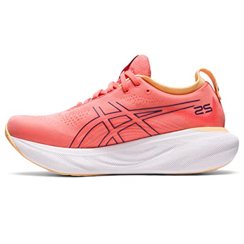 The ASICS Gel Nimbus 25 - Womens features a bright coral pink design, large white cushioned sole, black ASICS logo, and orange heel and interior accents for lightweight comfort on runs.
