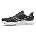 A mens Saucony Kinvara 13 running shoe in black, featuring a white sole and wavy logo, shown from the left on a white background.