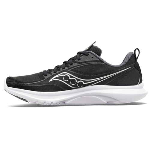 A mens Saucony Kinvara 13 running shoe in black, featuring a white sole and wavy logo, shown from the left on a white background.