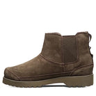 Side view of BEARPAW Nick Boots for men, featuring brown suede, a rugged textured sole, elastic gore side panel, and back pull loop—ideal for casual or outdoor wear.