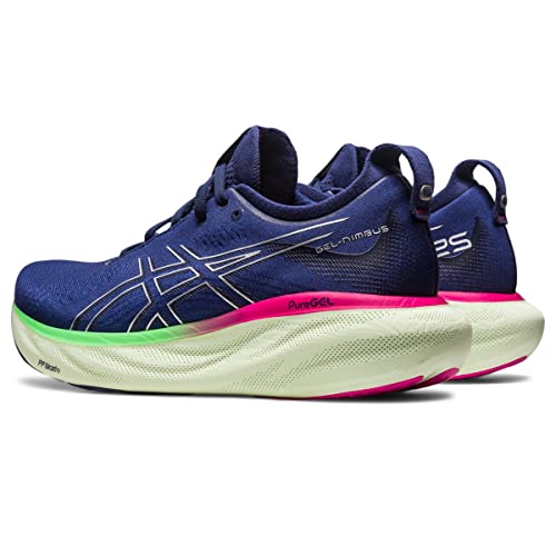 A pair of ASICS Gel Nimbus 25 Womens shoes in blue with white accents, neon green and pink detailing on thick white soles, and GEL-NIMBUS branding. These running shoes offer lightweight cushioning and are shown at an angle.