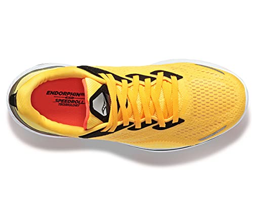 Top view of the Saucony Endorphin Shift 2 Running Shoe - Womens in yellow, featuring orange inner lining, black accents, white sole, and yellow laces. The insole displays “ENDORPHIN SPEEDROLL” in red and black, emphasizing SPEEDROLL Technology.