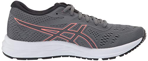 The ASICS Gel-Excite 6 - Womens is a gray running shoe with a breathable mesh upper, white sole, black outsole, and coral side details. Enjoy comfort and responsiveness with advanced GEL technology.