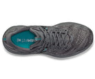 Top view of the Saucony Omni 21 Running Shoe - Mens in dark grey with teal accents, adaptive mesh upper, laces, and size 8 marked on the insole.