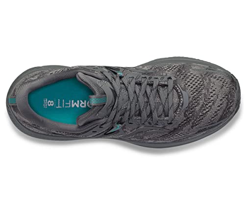 Top view of the Saucony Omni 21 Running Shoe - Mens in dark grey with teal accents, adaptive mesh upper, laces, and size 8 marked on the insole.